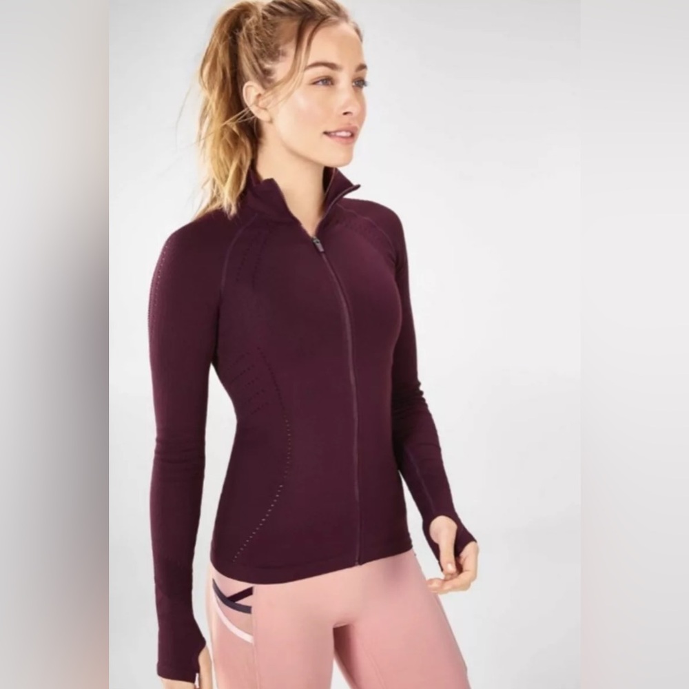Fabletics Red Burgundy Maroon Delta Seamless Laser Cut Long Sleeve Zip Up S